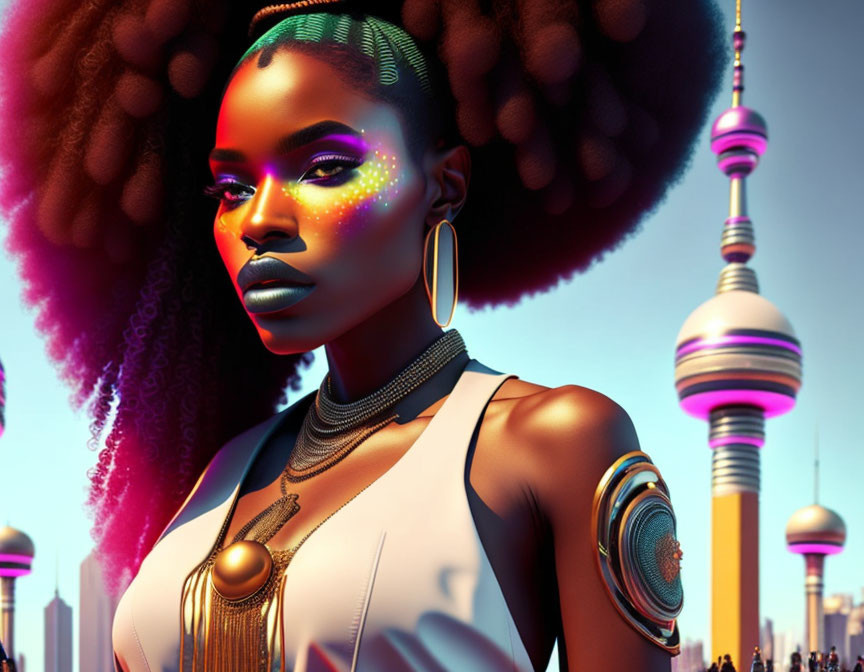 Colorful Neon Face Paint Portrait with Afro Hair & Futuristic Cityscape