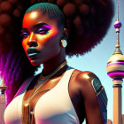 Colorful Neon Face Paint Portrait with Afro Hair & Futuristic Cityscape