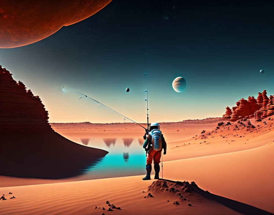 Astronaut fishing on alien shoreline with planets in sky