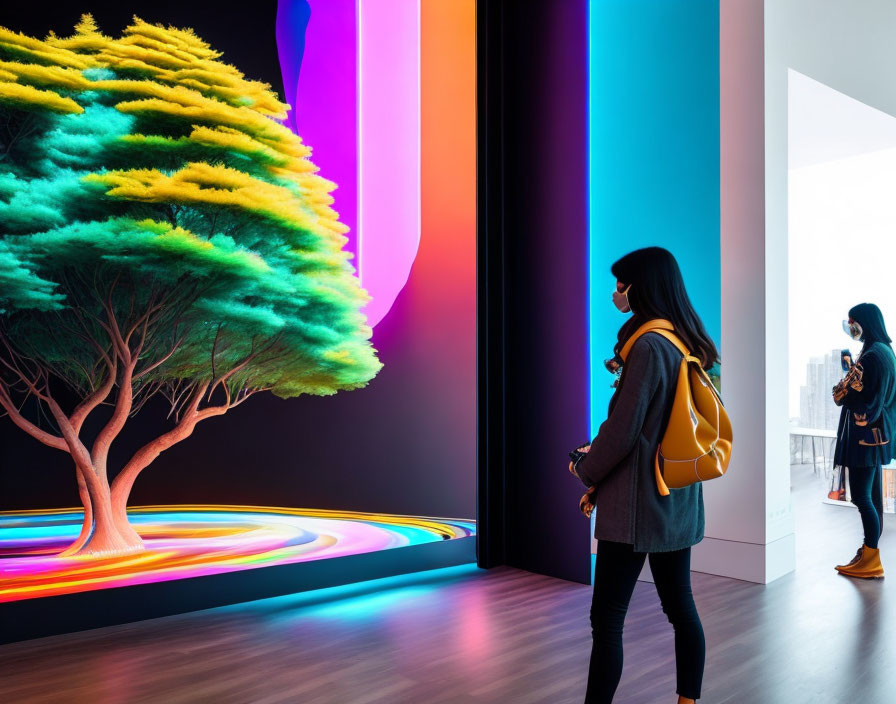 Vibrantly lit tree with swirling colors in modern space