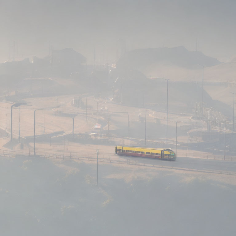 Yellow bus on foggy road with indistinct landscape.