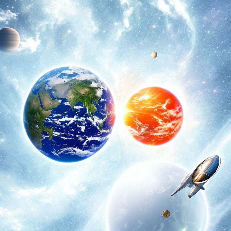 Colorful outer space artwork featuring Earth, sun, planets, spacecraft.