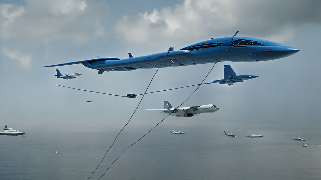 Blue futuristic airplane refueling two aircraft above ocean with ships in clear skies