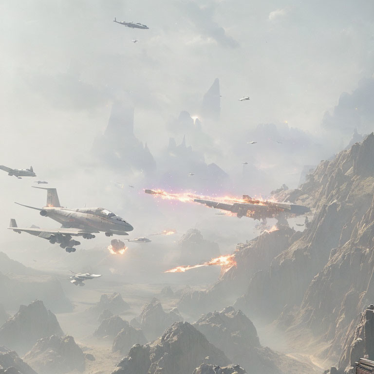 Spaceships engage in fiery battle among rocky cliffs under hazy sky