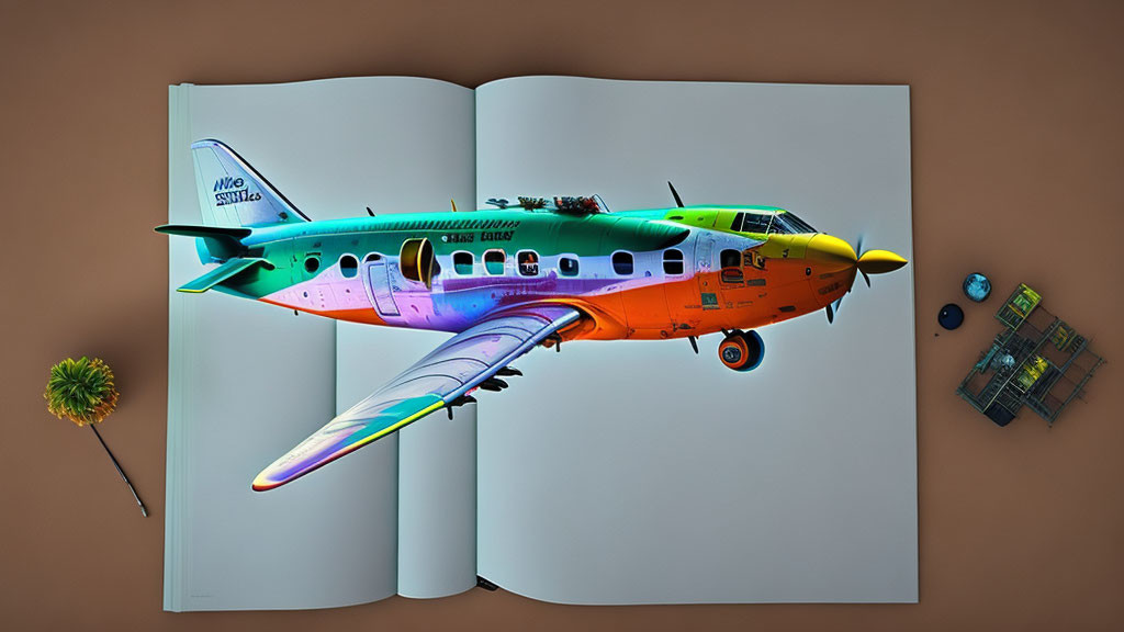 Vibrant airplane design on open book with plant and squares adjacent