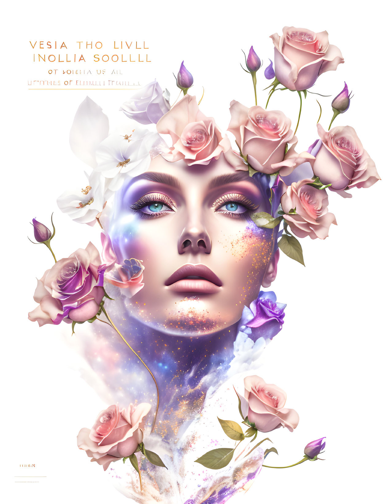 Woman's face with pink roses against cosmic backdrop: Surreal art blend of nature and universe