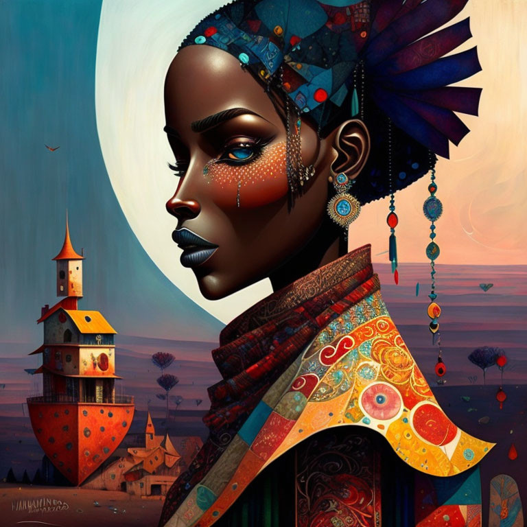 Colorful Stylized Portrait of Woman with Patterns and Bird in Background