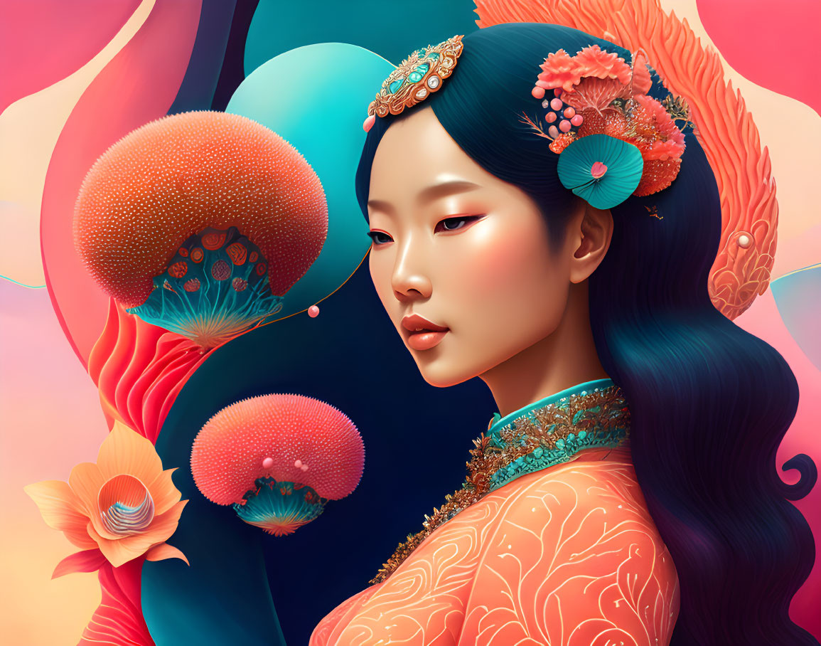 Illustrated portrait of woman with stylized features and vibrant floral accessories against abstract backdrop