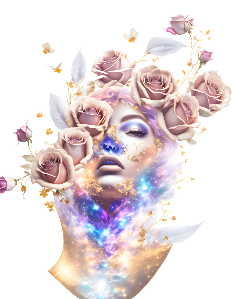 Surreal Artwork: Woman's Face Merging with Cosmic Galaxy