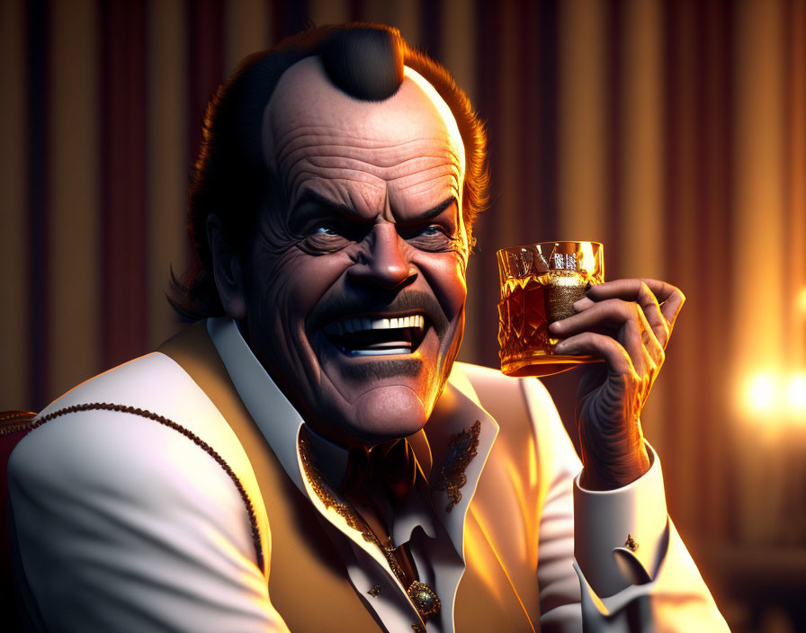 Exaggerated smile man in white suit holding whiskey glass on striped curtain backdrop