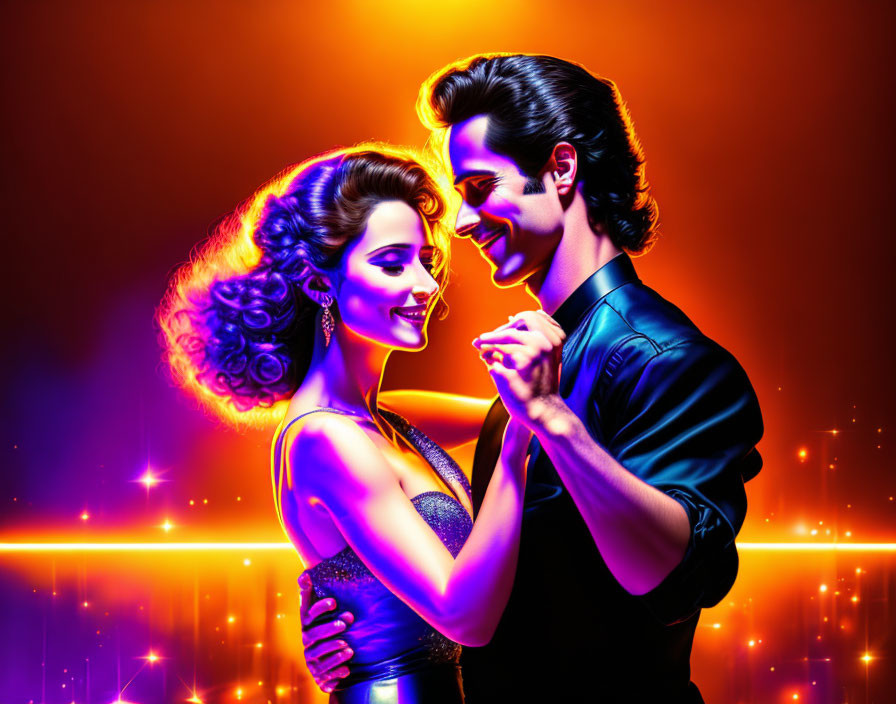 Vibrant illustration of man and woman dancing in romantic setting