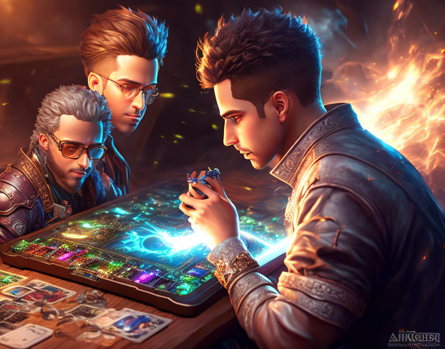 Vivid colored animated male characters playing high-tech board game