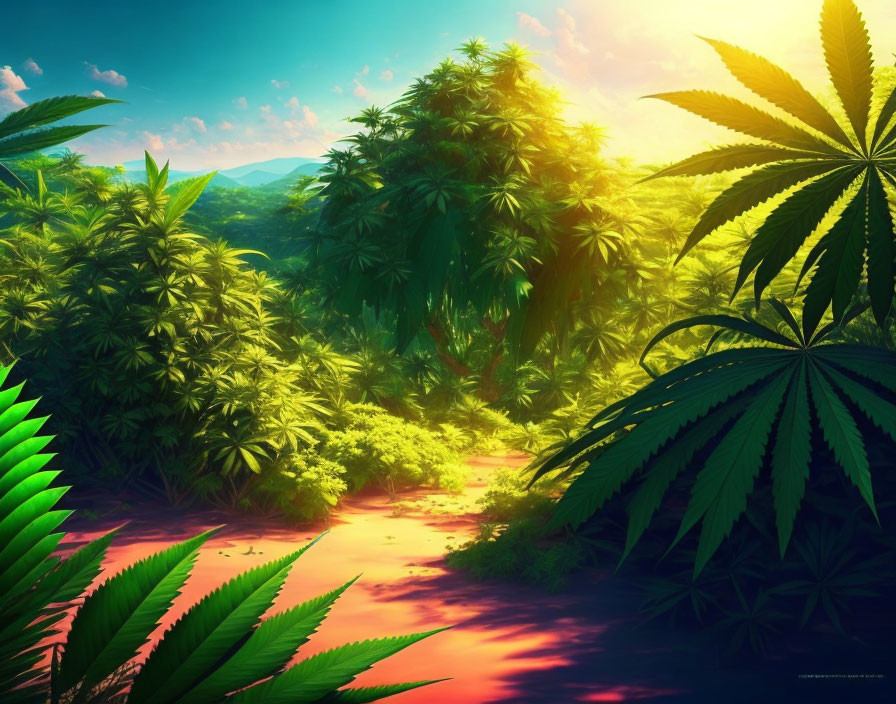 Colorful illustration of lush cannabis forest with large leaves against sunlit backdrop and blue mountains