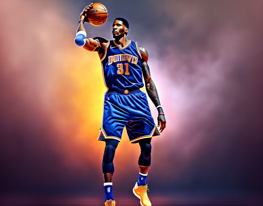 Basketball player in blue and orange uniform shooting against pink and purple background