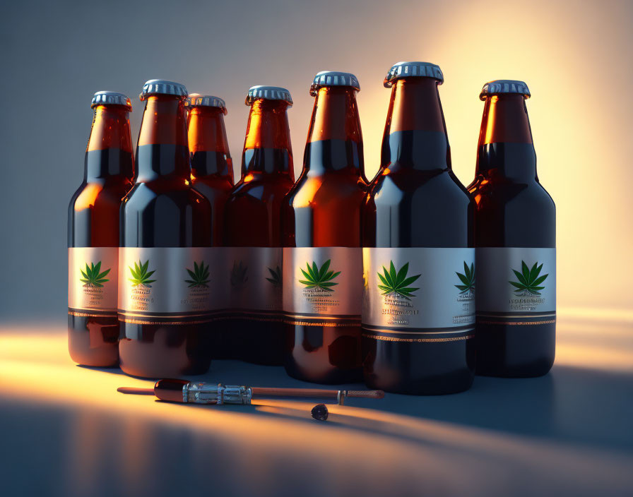 Six brown beer bottles with cannabis leaf labels and a syringe on blue background