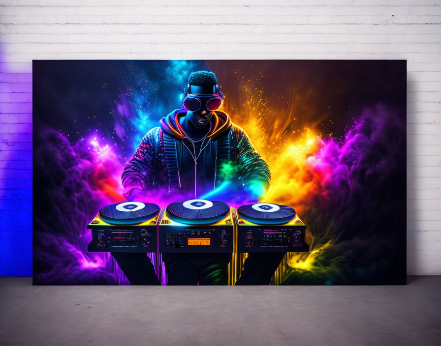 DJ digital artwork with cosmic clouds and neon colors on canvas against white brick wall