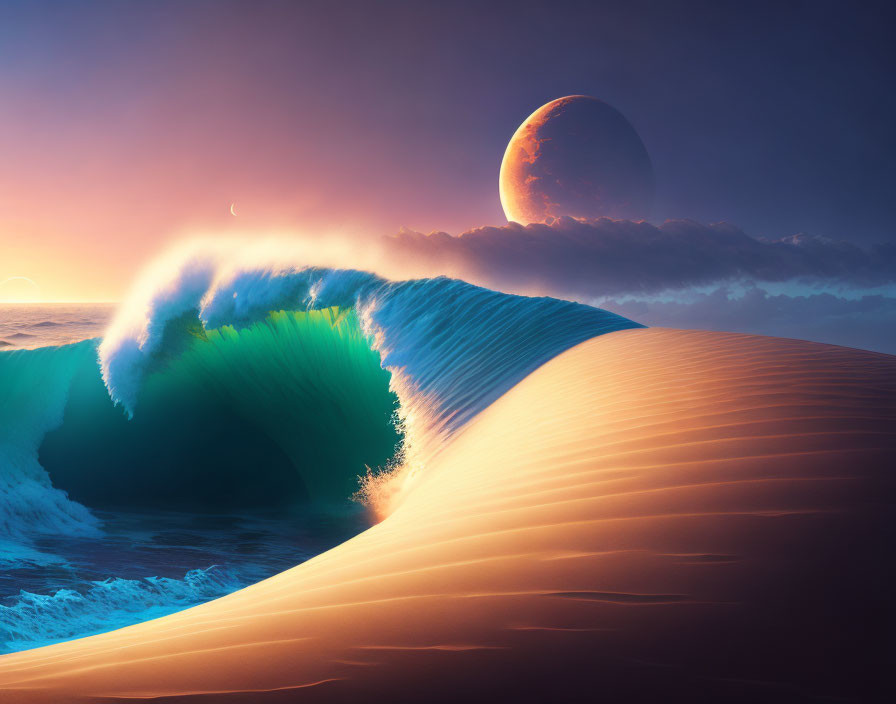 Large Moonrise Over Desert with Cresting Wave and Vibrant Sunset Sky