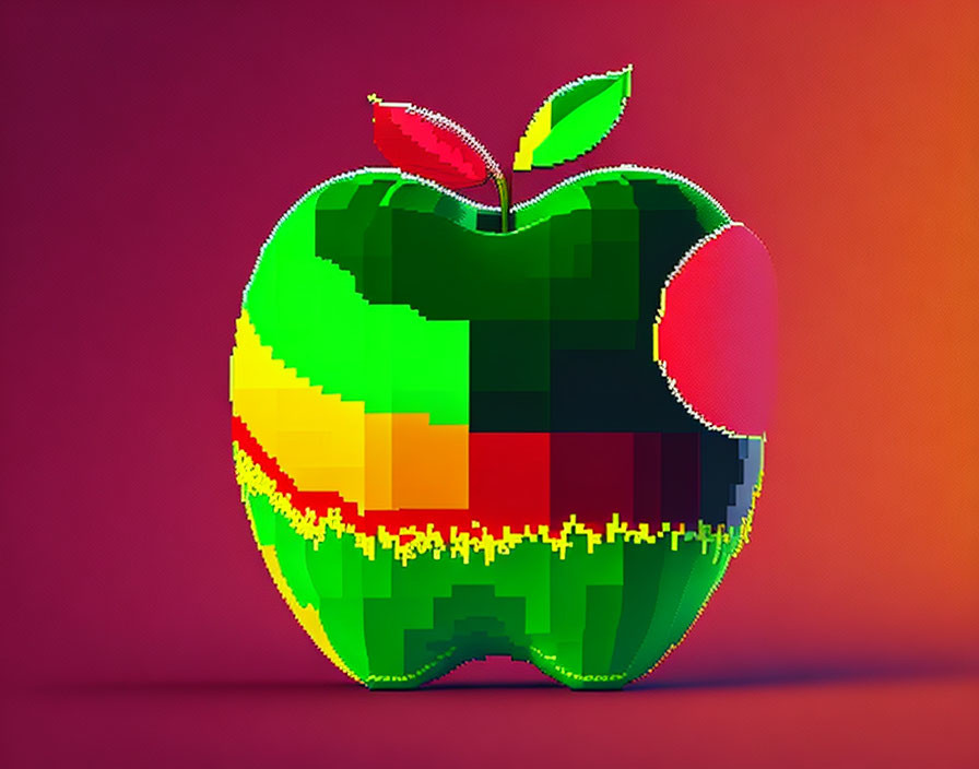 Colorful Pixelated Apple Design on Red Background