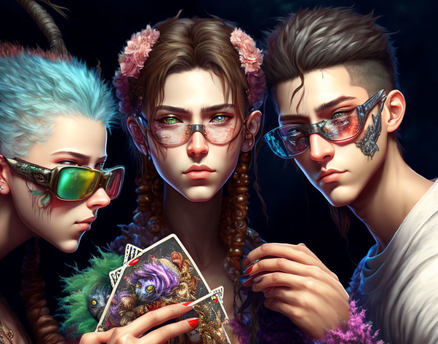 Stylized characters with unique eyewear and hairstyles, one holding playing cards