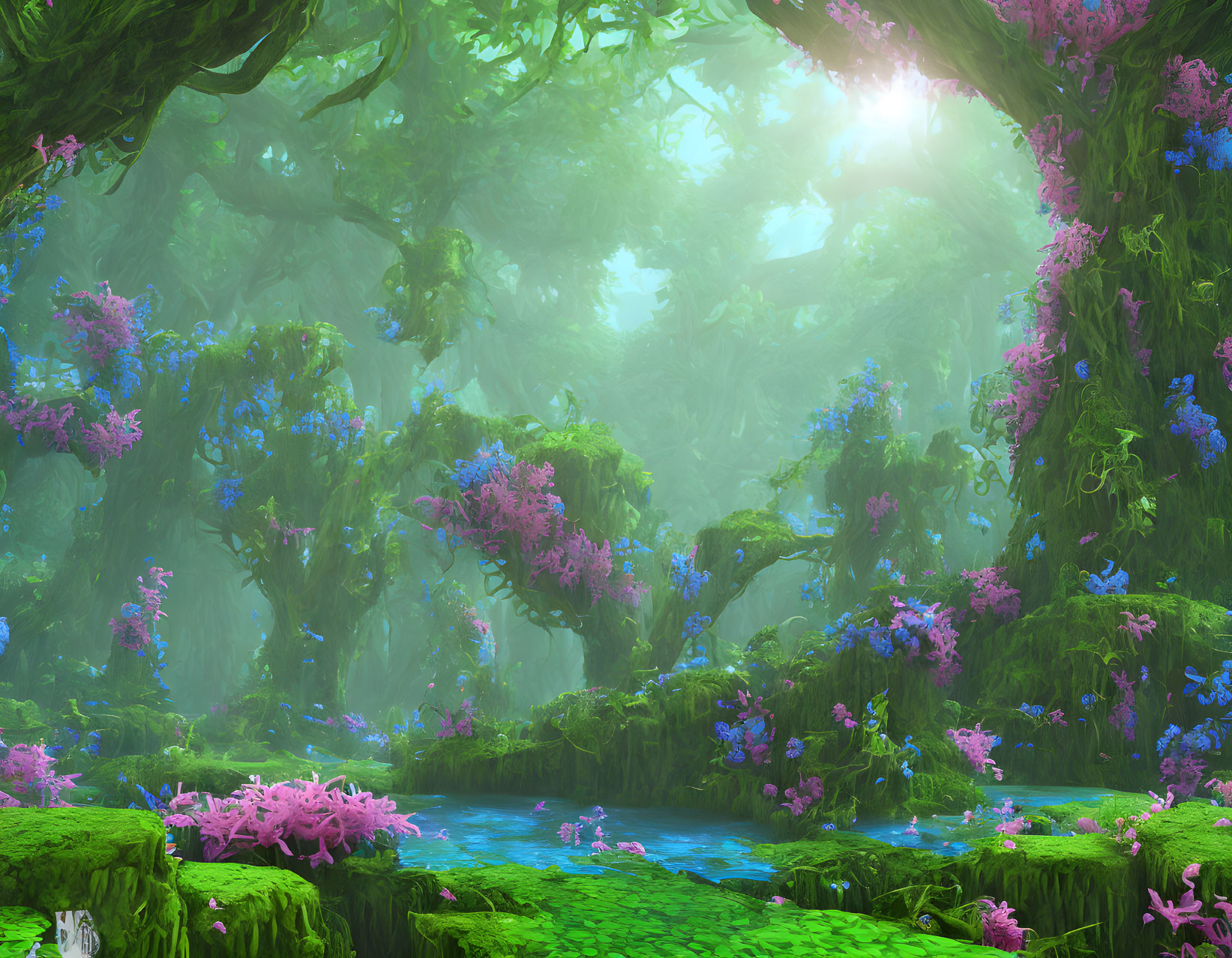 Mystical forest with green foliage, purple flowers, and blue stream in soft sunlight