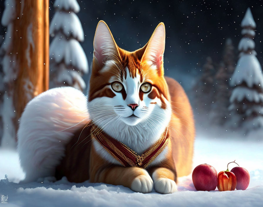 Orange and White Cat with Jewelry in Snowy Forest Scene