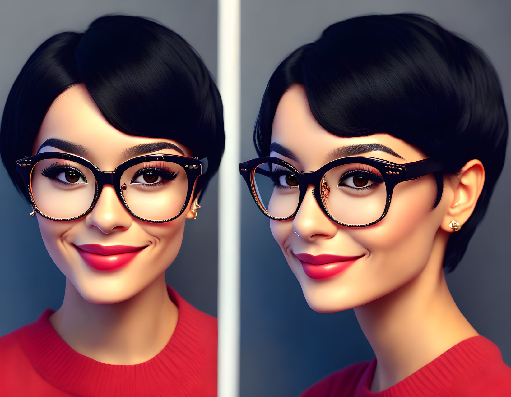 Digital portrait of woman with dark hair and cat-eye glasses in frontal and side view