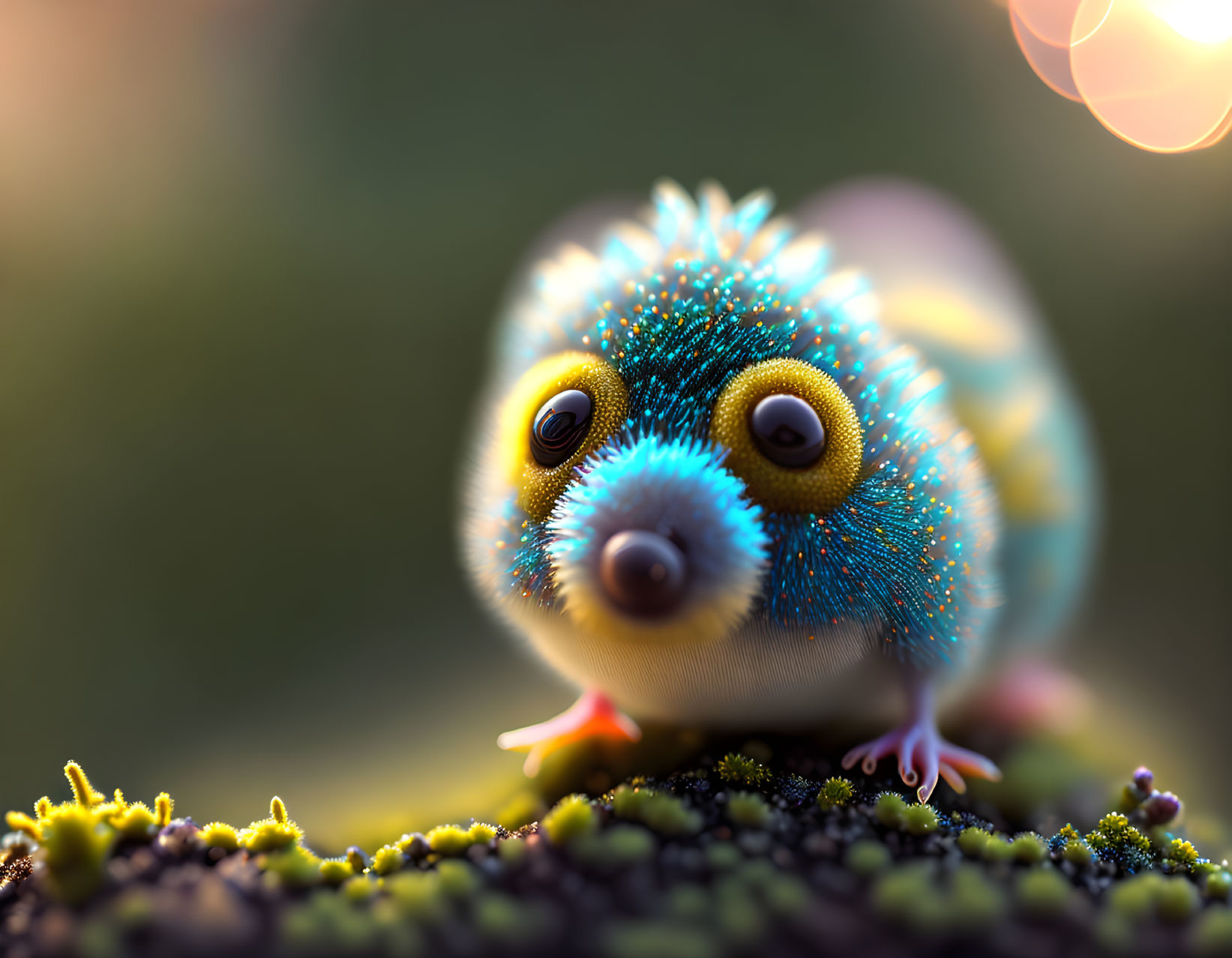 Colorful Cartoon Creature with Blue Spiky Fur on Mossy Surface