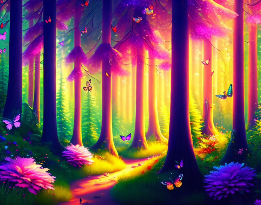 Majestic forest with purple flowers, glowing light, and butterflies