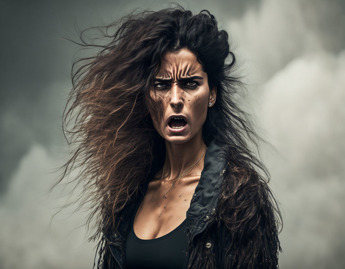 Intense woman with wind-blown hair in black outfit against cloudy backdrop