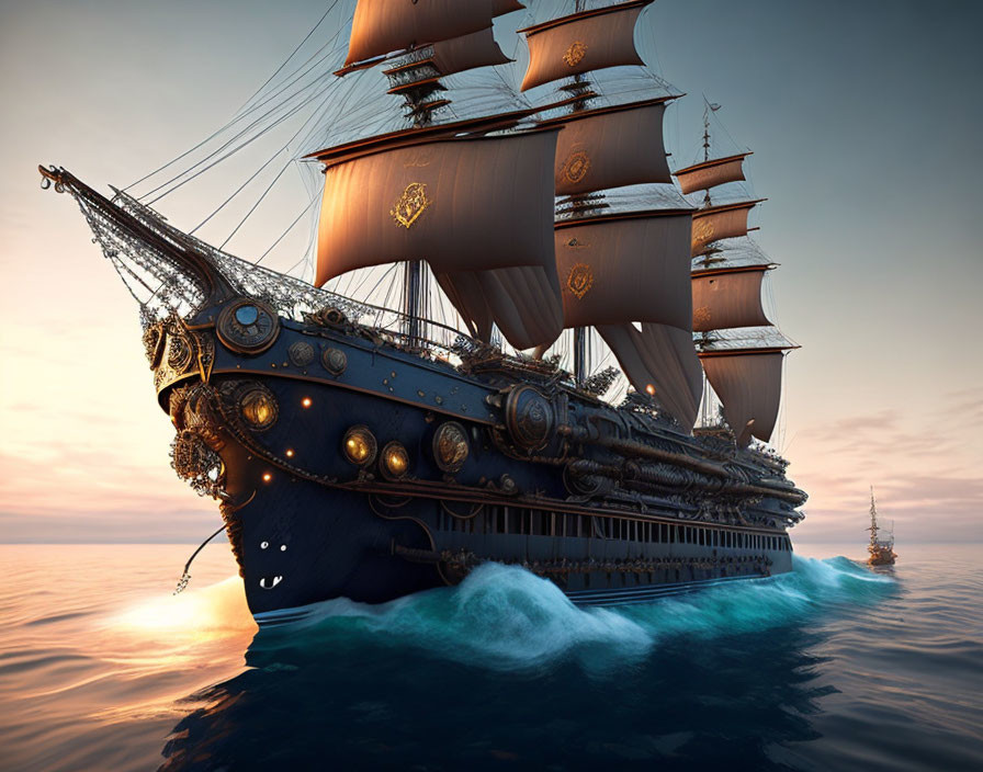 Ornate Steampunk-Style Sailing Ship on Calm Seas at Sunrise or Sunset