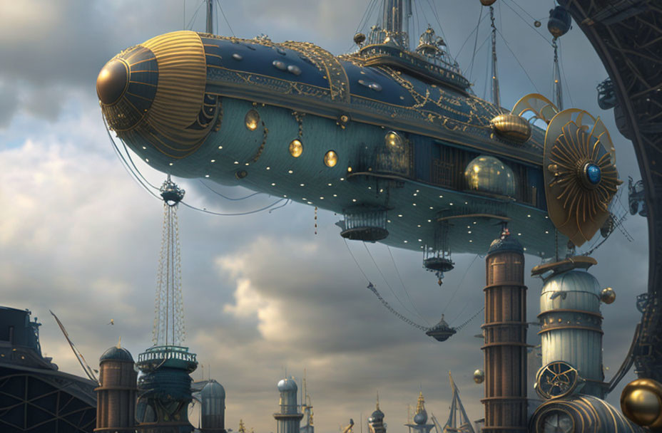 Steampunk airship with intricate gears and golden accents against cloudy sky