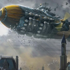 Steampunk airship with intricate gears and golden accents against cloudy sky