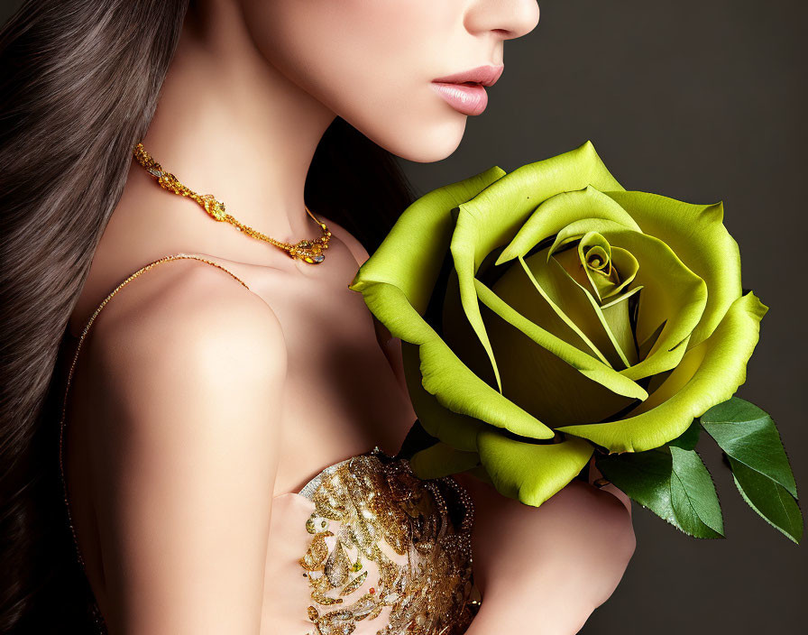 Woman with Long Hair Holding Green Rose in Gold Dress