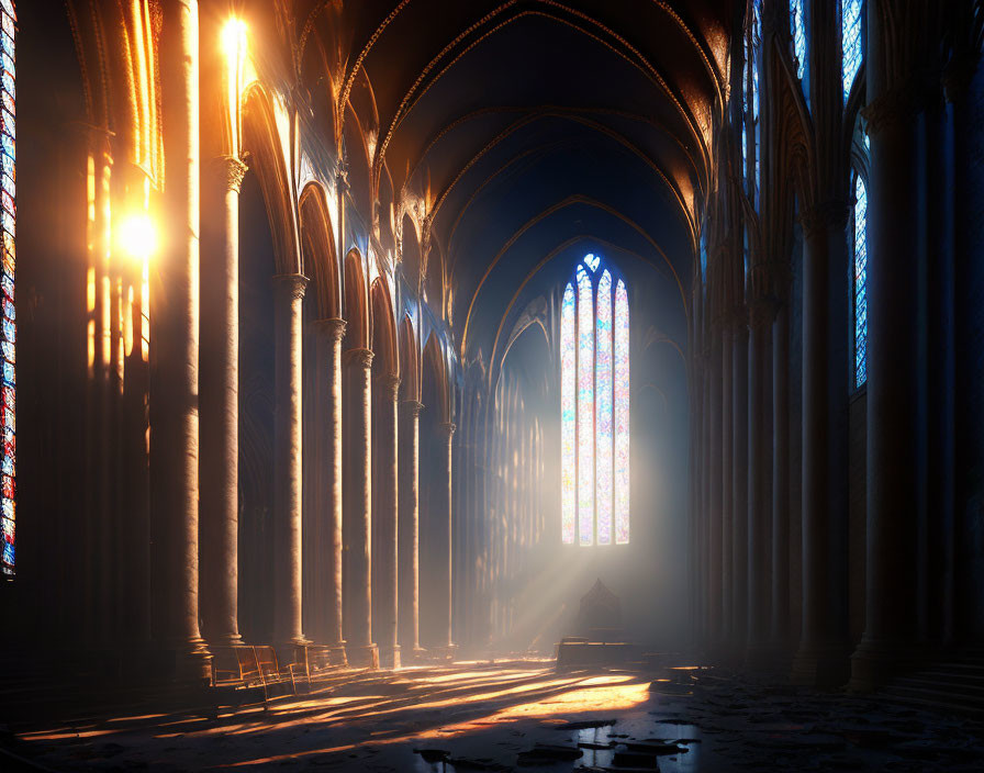 Stained glass window casting colorful rays in gothic cathedral