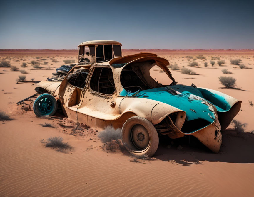a very expensive car abandoned in the desert 