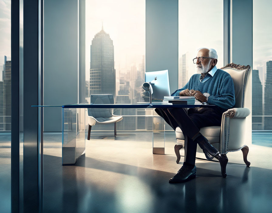 a large office, a large desk, an old man
