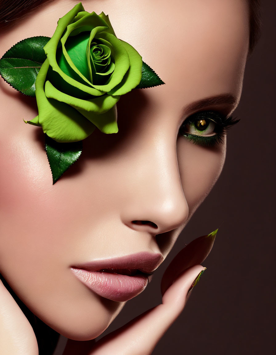 Dramatic makeup woman with green rose eye cover
