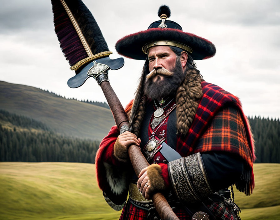 Scottish highlander in original costume, holding a