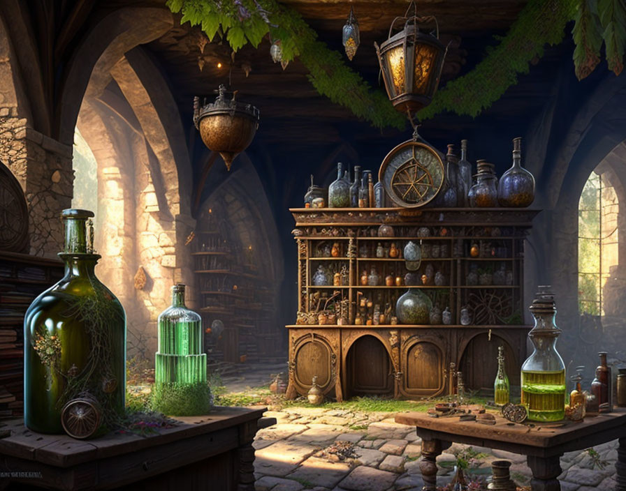 abandoned alchemist's workshop in a stone castle.