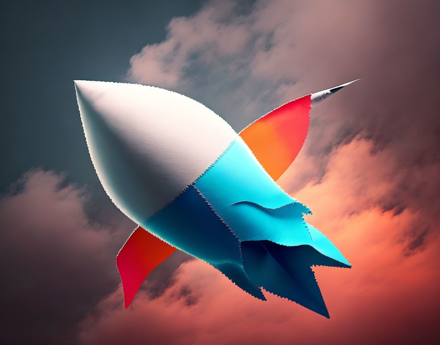 paper rocket flying through the clouds,