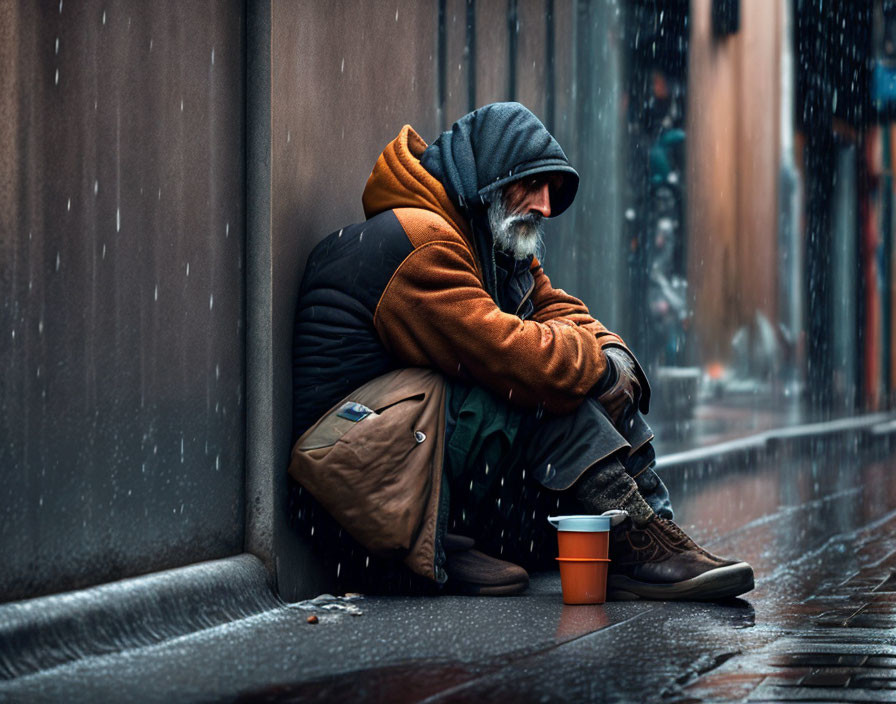 very poor homeless man sitting against the wall, 