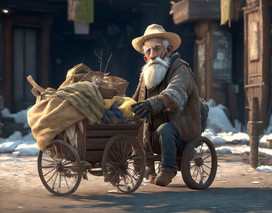 Elderly bearded man in historical attire with wooden cart on snowy street