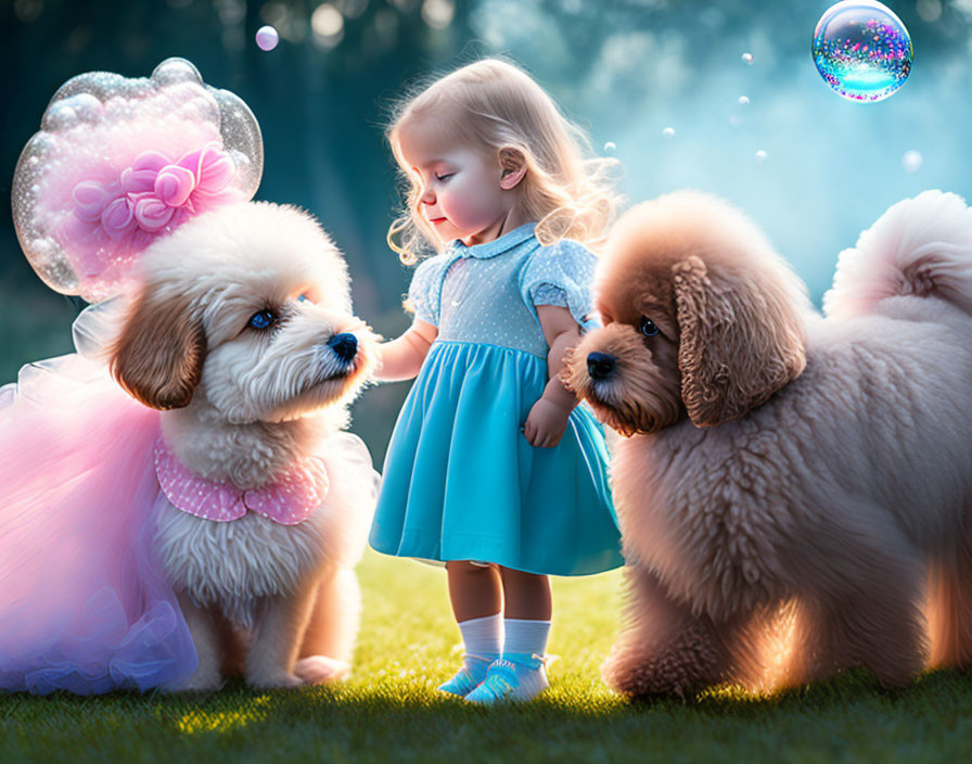 Young Girl in Blue Dress with Two Dogs in Sunlit Clearing