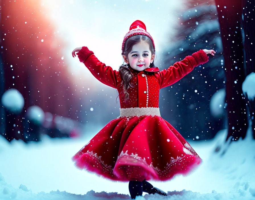 Young girl in red winter coat twirls in snowy forest with falling snow.