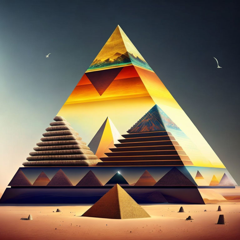 Surrealist pyramid montage of desert, fields, peaks, and sky with birds