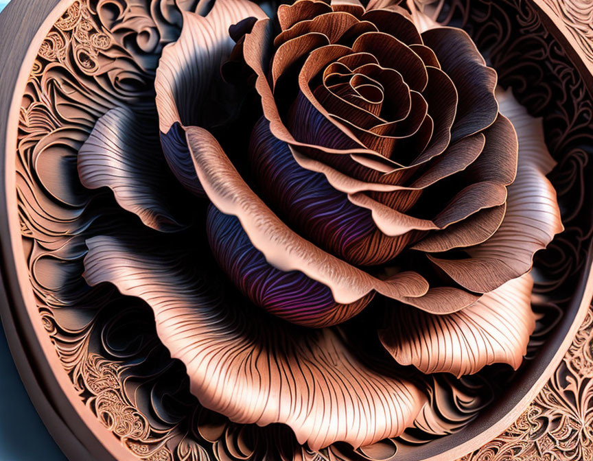 Detailed digital artwork of a metallic rose with intricate layered petals