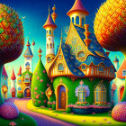 Colorful Fairytale Village Illustration with Whimsical Houses & Starry Sky