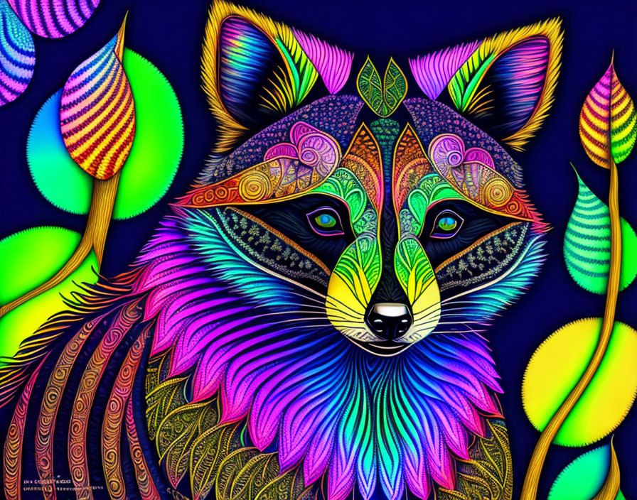  A racoon in jungle. Zentangle art style. Colorful