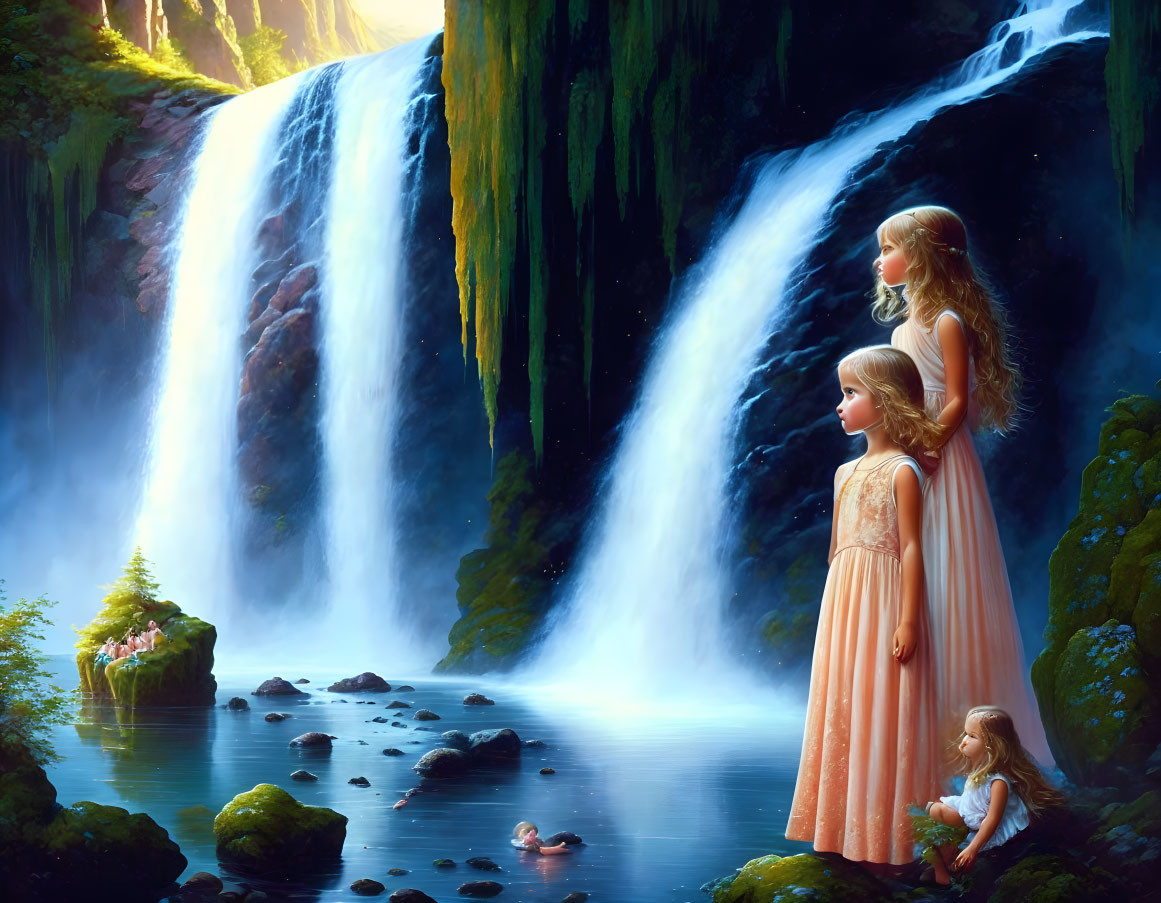 Two girls in flowing dresses at majestic waterfall in lush greenery