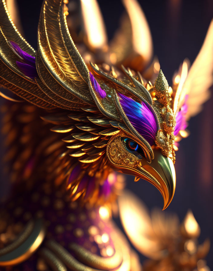 Fantasy golden eagle with intricate armor and vibrant purple accents
